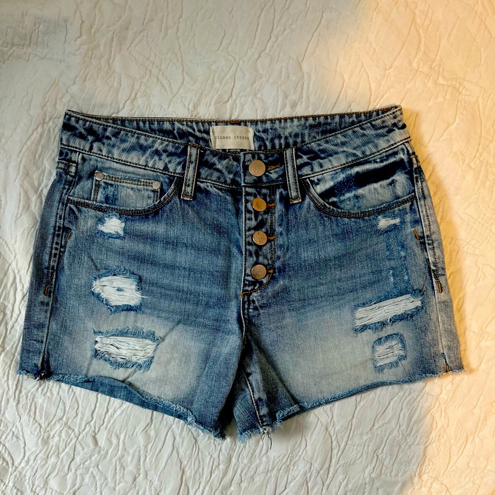 Gilded Intent Mid-Rise Button Fly Destructed w/Frayed Hem Denim Shorts, Size 26